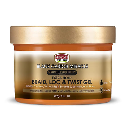 African Pride Black Castor Miracle Extra Hold Braid, Loc, Twist Gel, Tames Frizz & Edges, No Parabens, Sulfates, Mineral Oil or Petrolatum, Contains Black Castor & Coconut Oil