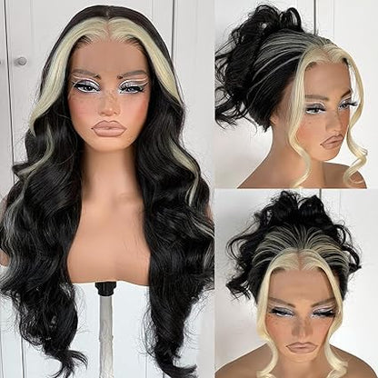 13x6 Skunk Stripe Wig Glueless Lace Front Wigs Pre Plucked Synthetic Body Wave blonde wig Wear and Go lace front wig