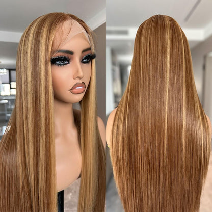 30 Inch Highlight Lace Front Wig Straight Skunk Stripe Dark Brown Mixed Blonde Ombre Two-tone Lace Front