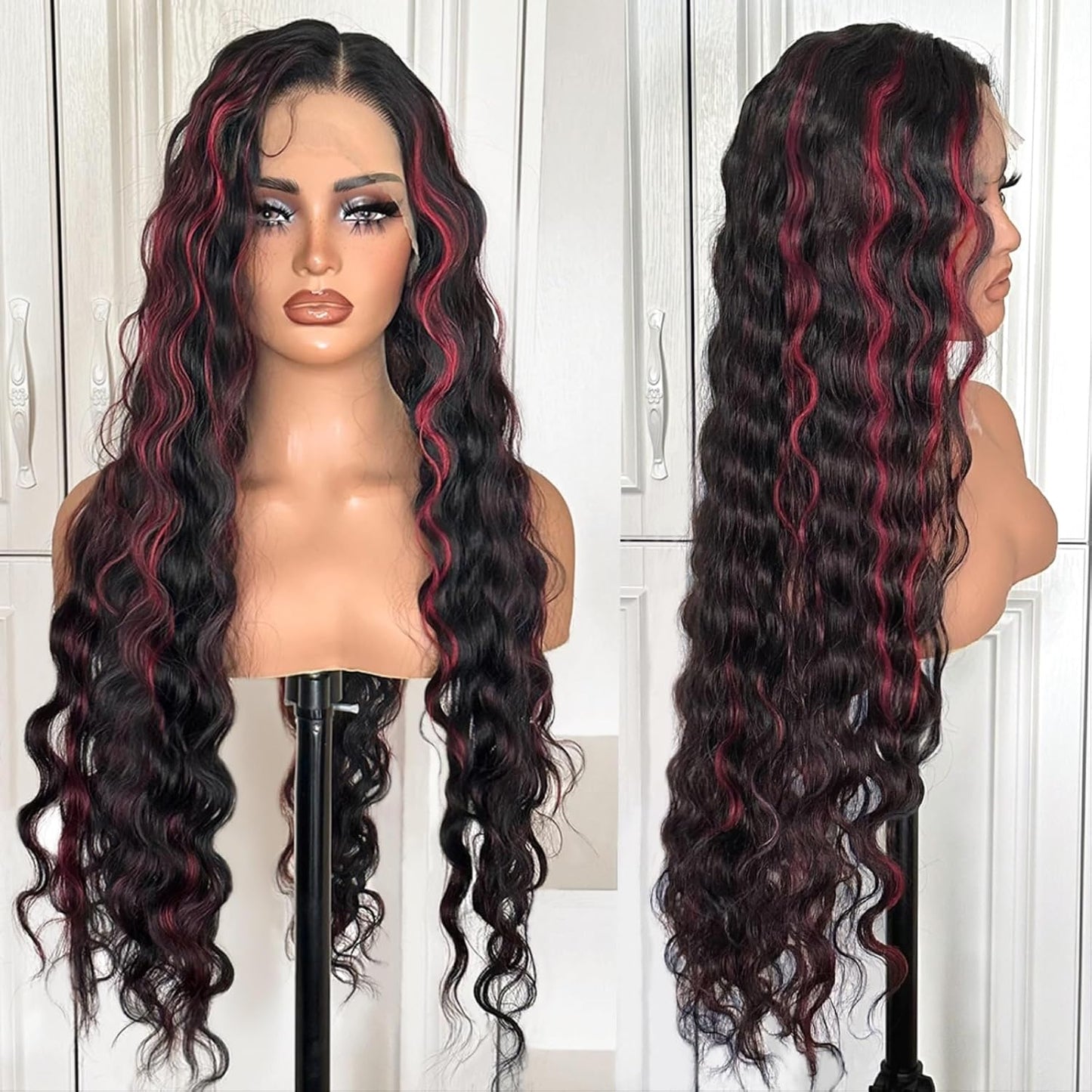 Black wig with pink highlights synthetic