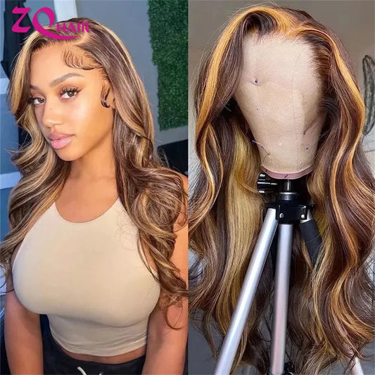 Glueless highlight wig Human hair Body Wave 13x6 HD full lace frontal 34 inch 180% density