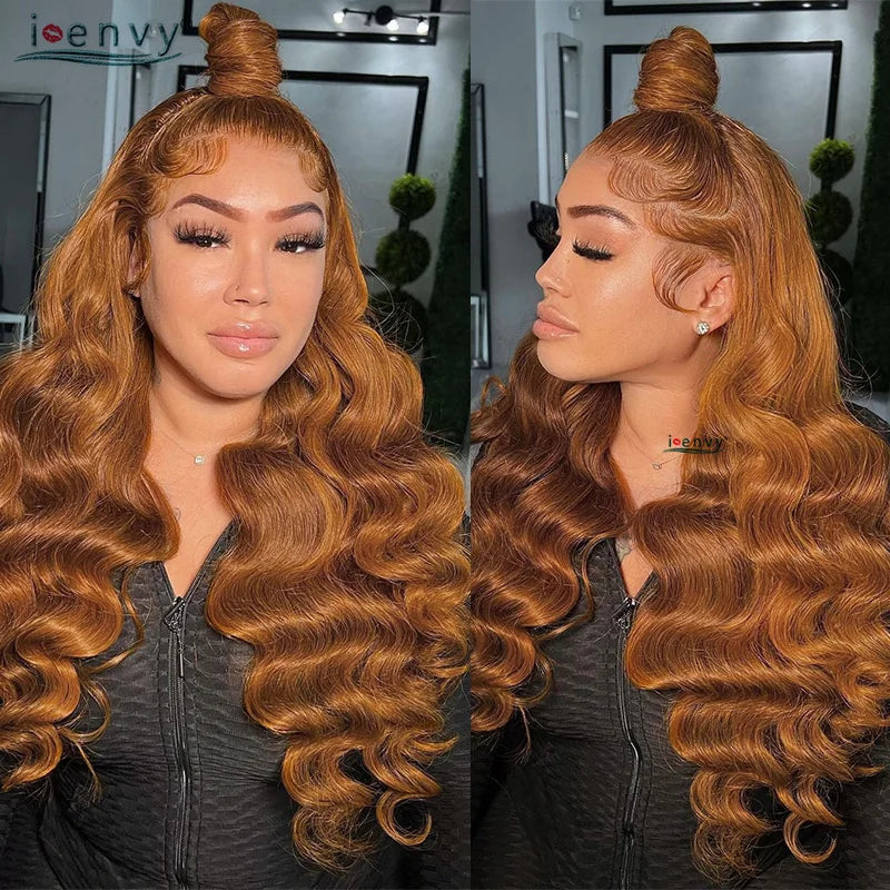 Color #30, 34 inch 180% density Ginger Blonde Lace Foront Wigs Pre pluck Body wave